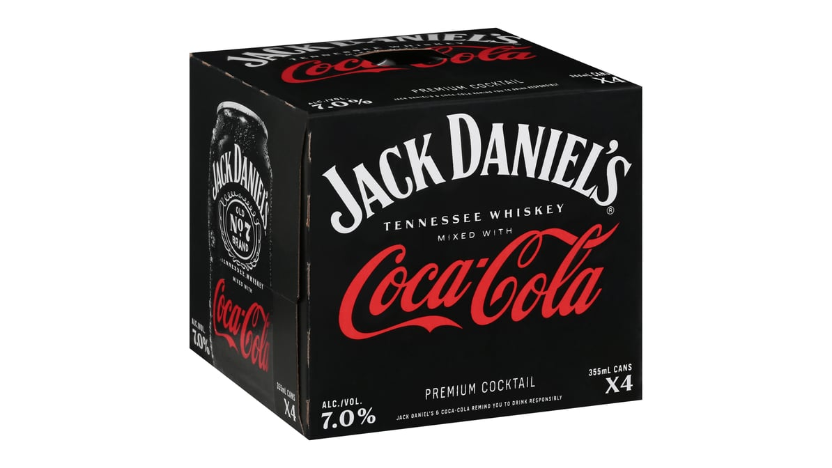 Jack Daniels Old No 7 Coca Cola Tennessee Whiskey Cocktail Cans 355ml 4 ct