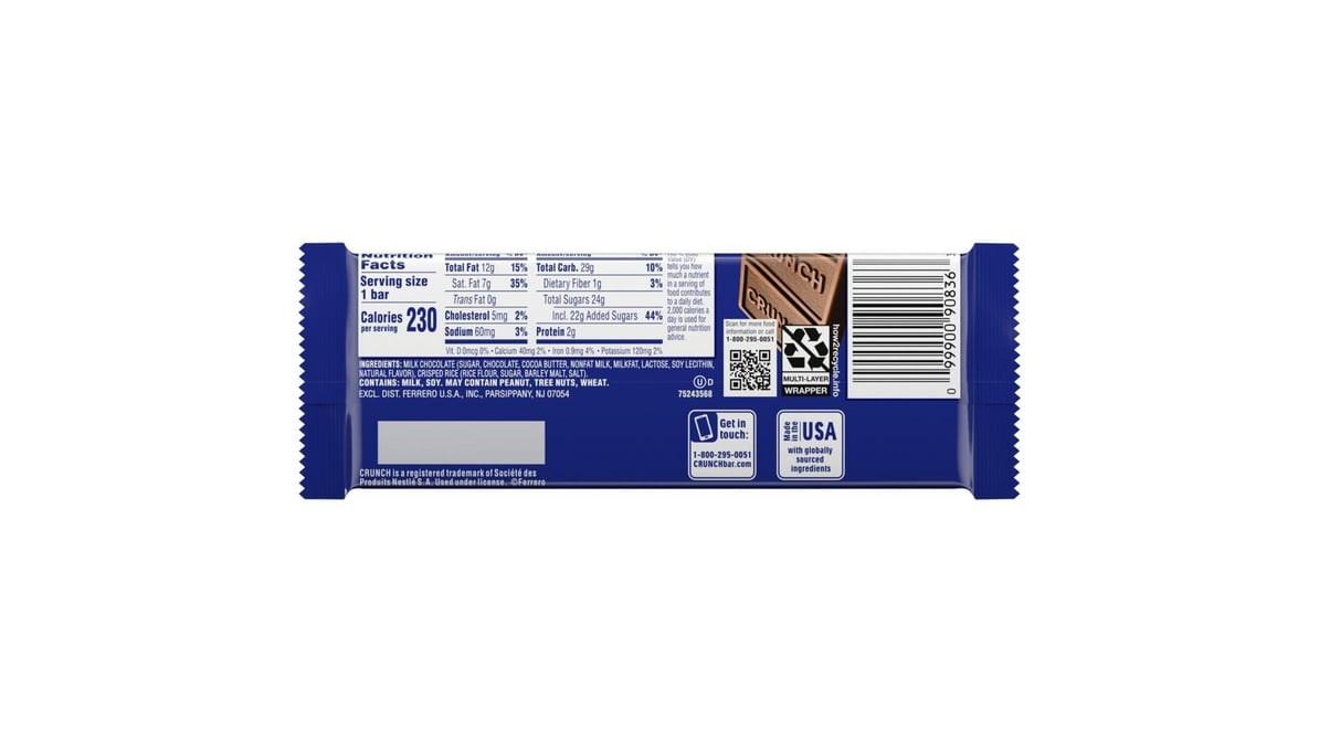 crunch creamy milk chocolate with crisped rice candy bar full size  1.55 oz 2